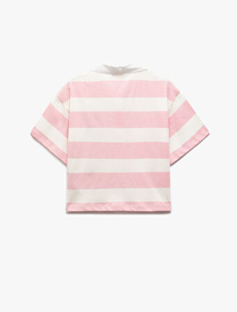 Pamuklu Çizgili Kısa Kollu Gömlek Yaka Düğmeli Köpek İşlemeli Crop Tişört