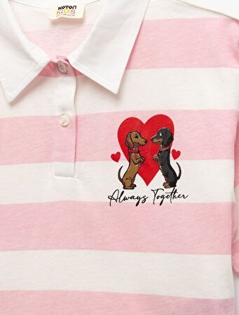 Pamuklu Çizgili Kısa Kollu Gömlek Yaka Düğmeli Köpek İşlemeli Crop Tişört