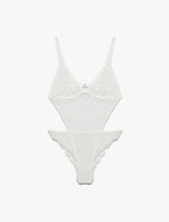 Pencere Detaylı Taşlı V Yaka Dantel Bodysuit