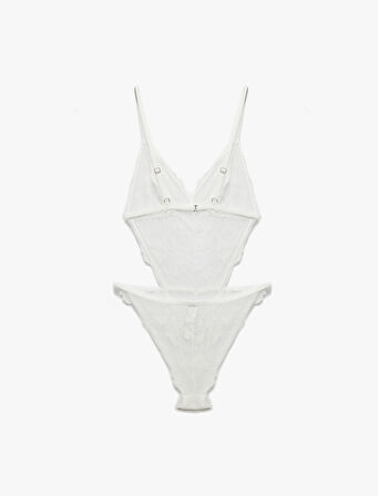 Pencere Detaylı Taşlı V Yaka Dantel Bodysuit