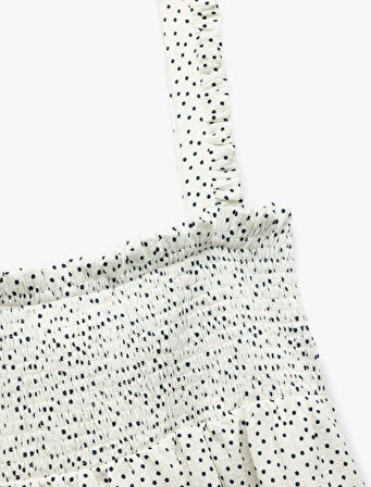 Gipeli Kare Yaka Kolsuz Puantiyeli Askılı Fırfırlı Bluz 