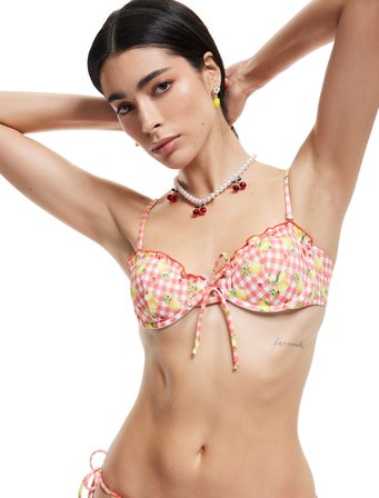 Koton X Sibil Çetinkaya - Pötikareli Limon-Kiraz Baskılı Fırfırlı Balenli Bikini Üstü