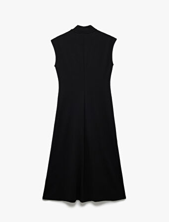 Krep Scuba Kumaş Slim Fit Hafif Dik Yaka Kolsuz Midi Boy Elbise