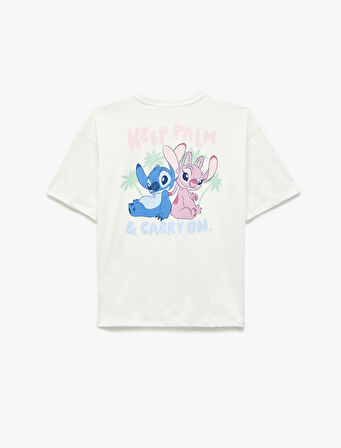 Stitch Lisanslı Kısa Kollu Bisiklet Yaka Arkası Baskılı Pamuklu Oversize Tişört