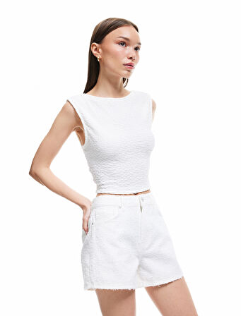 Yüksek Bel Cepli Pamuklu Mini Şort