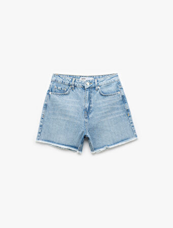 Taş Detaylı Yüksek Bel Saçaklı Paça Pamuklu Mini Denim Şort