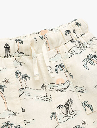 Beli Bağcıklı Viskon ve Keten Karışımlı Palmiye Desenli Şort
