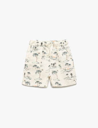 Beli Bağcıklı Viskon ve Keten Karışımlı Palmiye Desenli Şort