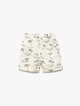 Beli Bağcıklı Viskon ve Keten Karışımlı Palmiye Desenli Şort