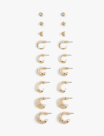 Taş Detaylı 9'lu Top ve Halka Küpe Seti