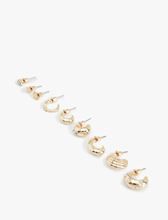 Taş Detaylı 9'lu Top ve Halka Küpe Seti