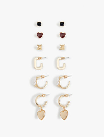 Taş Detaylı Kalpli 6'lı Top ve Halka Küpe Seti