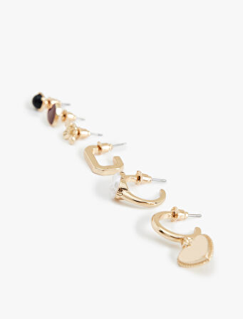 Taş Detaylı Kalpli 6'lı Top ve Halka Küpe Seti