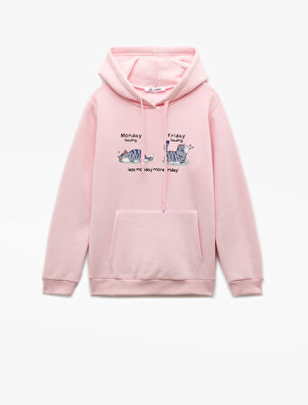 Pamuklu Uzun Kollu Kanguru Cep Detaylı Şardonlu Kapşonlu Baskılı Sweatshirt