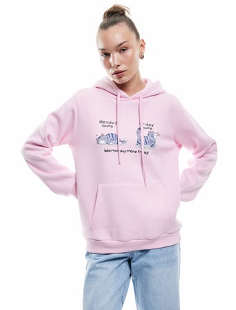 Pamuklu Uzun Kollu Kanguru Cep Detaylı Şardonlu Kapşonlu Baskılı Sweatshirt