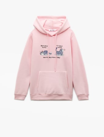 Pamuklu Uzun Kollu Kanguru Cep Detaylı Şardonlu Kapşonlu Baskılı Sweatshirt