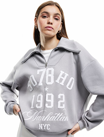 Baskılı Uzun Kollu Şardonlu Yarım Fermuarlı Sweatshirt