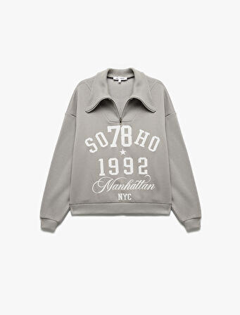 Baskılı Uzun Kollu Şardonlu Yarım Fermuarlı Sweatshirt
