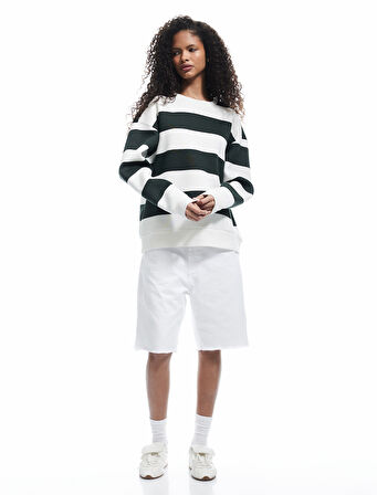 Üç İplik Şardonlu Çizgili Bisiklet Yaka Sweatshirt