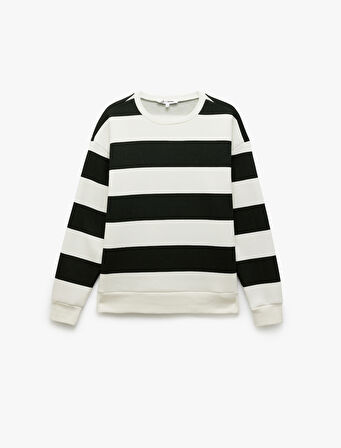 Üç İplik Şardonlu Çizgili Bisiklet Yaka Sweatshirt