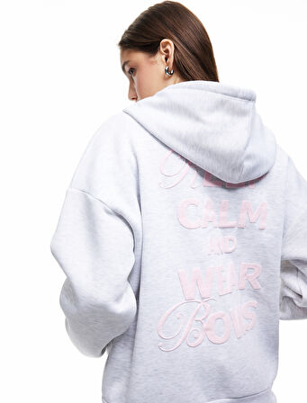 Şardonlu Kanguru Cepli Kapüşonlu Fiyonklu Arkası Baskılı Fermuarlı Oversize Sweatshirt