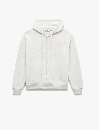 Şardonlu Kanguru Cepli Kapüşonlu Fiyonklu Arkası Baskılı Fermuarlı Oversize Sweatshirt
