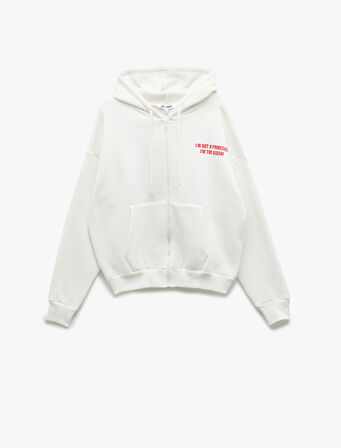 Şardonlu Fermuarlı Kapüşonlu Cep Detaylı Arkası Baskılı Oversize Sweatshirt