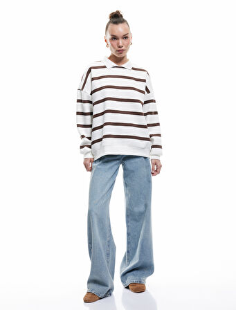 Şardonlu Polo Yaka Çizgili Oversize Sweatshirt