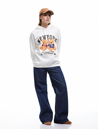 Ayı Baskılı Şardonlu Kapüşonlu Oversize Sweatshirt