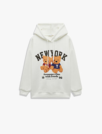 Ayı Baskılı Şardonlu Kapüşonlu Oversize Sweatshirt