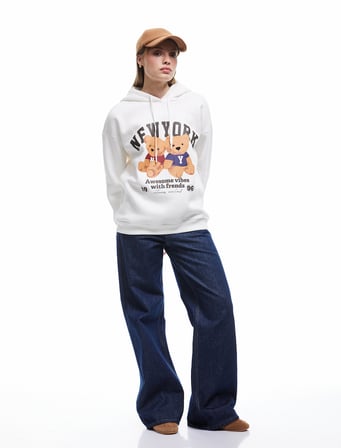 Ayı Baskılı Şardonlu Kapüşonlu Oversize Sweatshirt