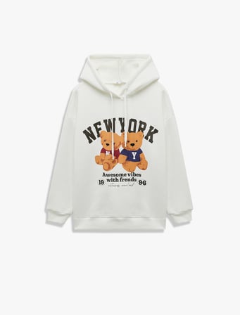 Ayı Baskılı Şardonlu Kapüşonlu Oversize Sweatshirt