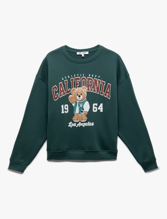 Şardonlu Uzun Kollu Bisiklet Yaka Ayıcık Baskılı Oversize Sweatshirt