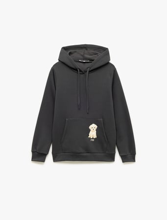 Şardonlu Uzun Kollu Kapüşonlu Köpek Nakışlı Kanguru Cepli Sweatshirt