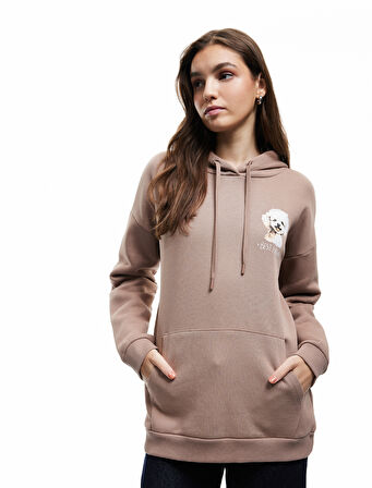 Şardonlu Uzun Kollu Kanguru Cepli Kapüşonlu Arkası Baskılı Oversize Sweatshirt