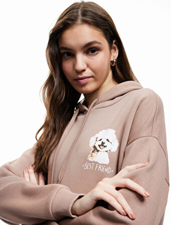 Şardonlu Uzun Kollu Kanguru Cepli Kapüşonlu Arkası Baskılı Oversize Sweatshirt