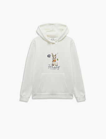 Üç İplik Şardonlu Nakış Detaylı Kanguru Cepli Kapüşonlu Sweatshirt