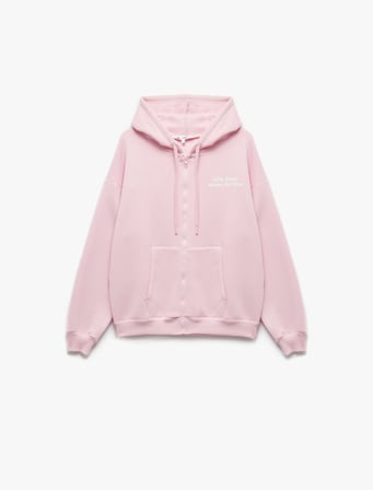 Baskılı Uzun Kollu Şardonlu Kanguru Cepli Fermuarlı Sweatshirt
