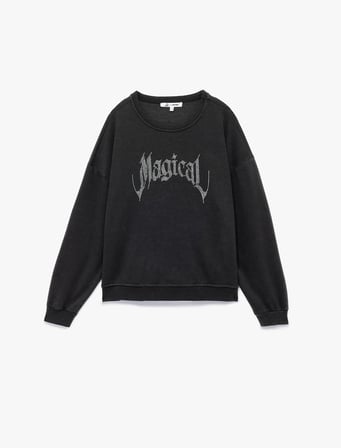 Şardonlu Uzun Kollu Bisiklet Yaka Taşlı Baskılı Oversize Sweatshirt