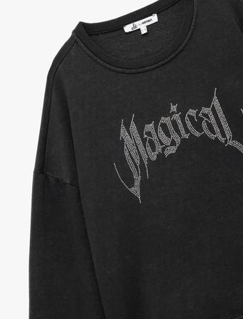 Şardonlu Uzun Kollu Bisiklet Yaka Taşlı Baskılı Oversize Sweatshirt