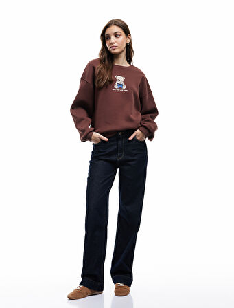 Ayıcık Nakışlı Şardonlu Uzun Kollu Bisiklet Yaka Oversize Sweatshirt