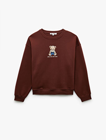 Ayıcık Nakışlı Şardonlu Uzun Kollu Bisiklet Yaka Oversize Sweatshirt
