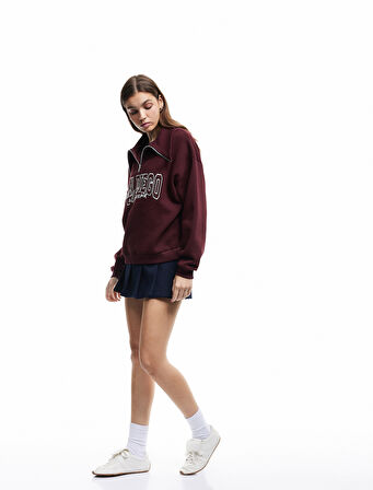Şardonlu Uzun Kollu Baskılı Yarım Fermuarlı Oversize Sweatshirt