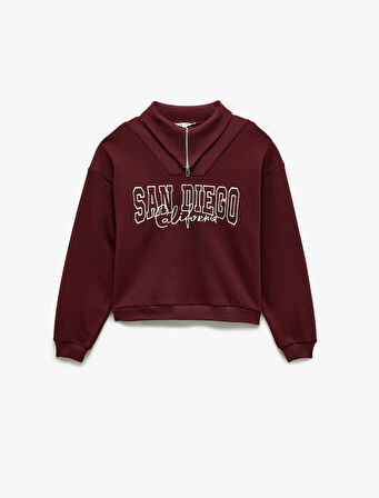 Şardonlu Uzun Kollu Baskılı Yarım Fermuarlı Oversize Sweatshirt