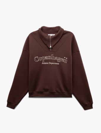 Şardonlu Uzun Kollu Yarım Fermuarlı Yaka Baskılı Oversize Sweatshirt