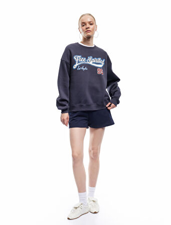 Şardonlu Uzun Kollu Bisiklet Yaka Baskılı Oversize Sweatshirt