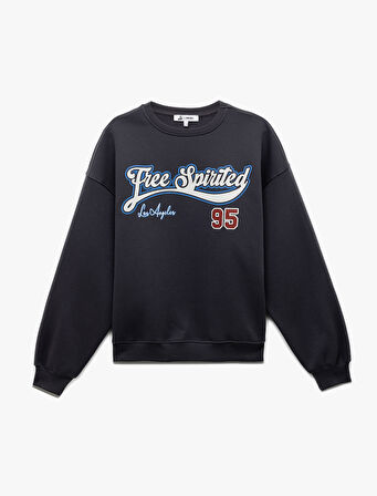 Şardonlu Uzun Kollu Bisiklet Yaka Baskılı Oversize Sweatshirt