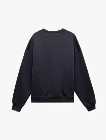 Şardonlu Uzun Kollu Bisiklet Yaka Baskılı Oversize Sweatshirt