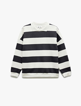 Çizgili Oversize Şardonlu Polo Yaka Sweatshirt