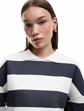 Çizgili Oversize Şardonlu Polo Yaka Sweatshirt